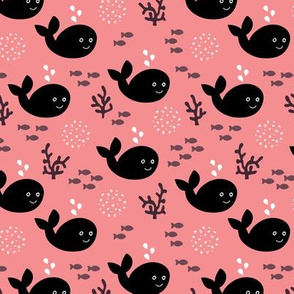 Baby whale fish and coral ocean life kids design black and white pink