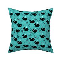 Baby whale fish and coral ocean life kids design black and white blue