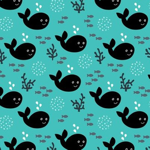 Baby whale fish and coral ocean life kids design black and white blue