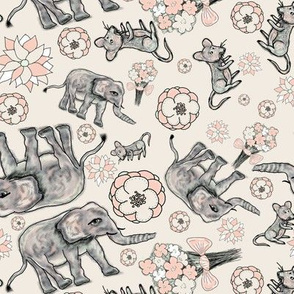 ELEPHANT MOUSE FLOWERS SCATTERED CREAM