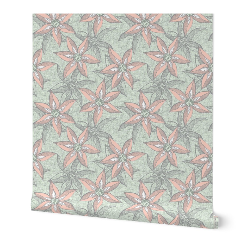 Love Blooms - Peach and  White with Grey on Linen Texture