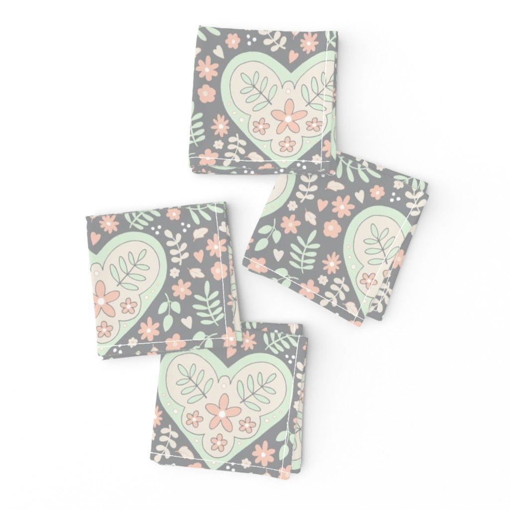 Hearts and Flowers - grey, cream, cucumber and peach