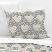 Hearts and Flowers - grey, cream, cucumber and peach