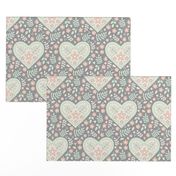 Hearts and Flowers - grey, cream, cucumber and peach