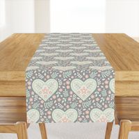 Hearts and Flowers - grey, cream, cucumber and peach