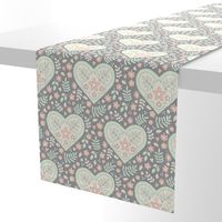 Hearts and Flowers - grey, cream, cucumber and peach