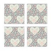 Hearts and Flowers - grey, cream, cucumber and peach