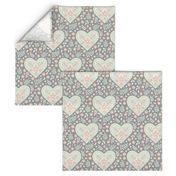 Hearts and Flowers - grey, cream, cucumber and peach