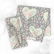 Hearts and Flowers - grey, cream, cucumber and peach