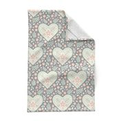 Hearts and Flowers - grey, cream, cucumber and peach