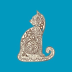 Celtic Cat 8 on Caribbean Blue. Coordinates with Spoonflower solid Caribbean Blue.