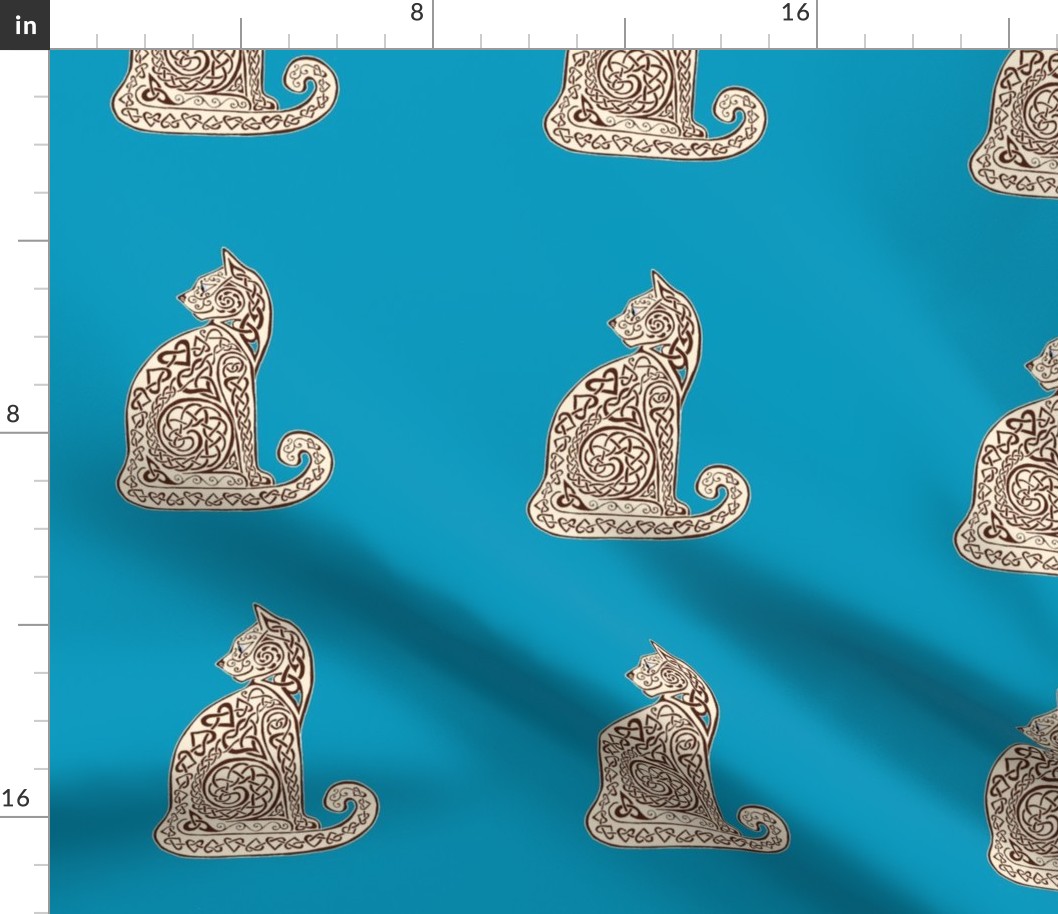 Celtic Cat 8 on Caribbean Blue. Coordinates with Spoonflower solid Caribbean Blue.