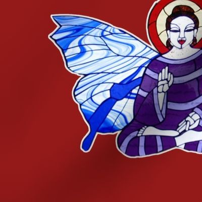 Purple and Lavender Buddha with Blue and white Butterfly wings on rich red background