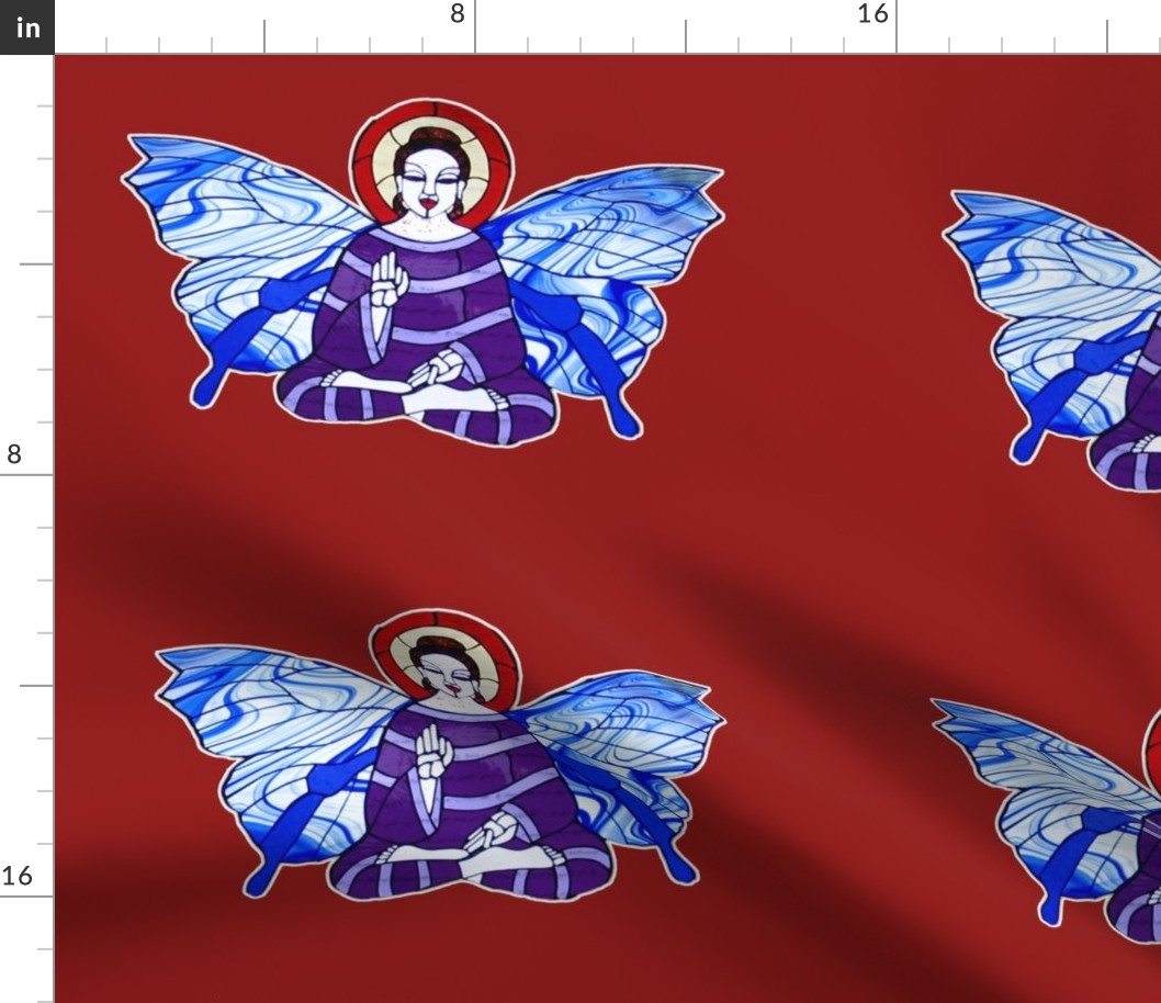 Purple and Lavender Buddha with Blue and white Butterfly wings on rich red background