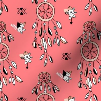 Bohemian indian summer dreamcatcher illustration feathers and aztec flowers detail illustration coral pink