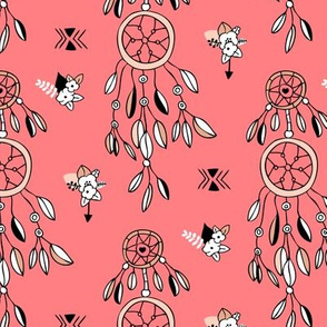 Bohemian indian summer dreamcatcher illustration feathers and aztec flowers detail illustration coral pink