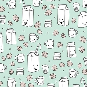 Milk and cookies cool cups and carton box school kids illustration print gender neutral mint  