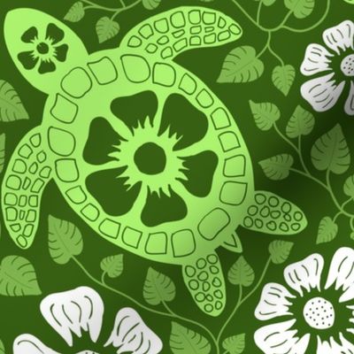 Hawaiian Turtles and Flowers in the Greens of the Garden Isle