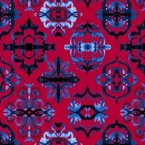 Persian Calligraphy Tile Pattern in Deep Red and Blue