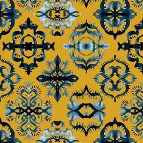 Moroccan Calligraphy Brushstroke Pattern in Indigo Navy Blue and Mustard