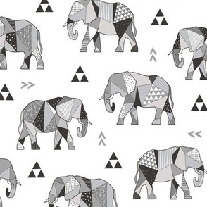 Elephants Geometric with Triangles Black&White Grey