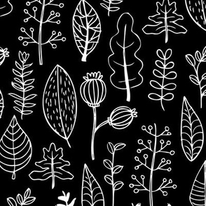 Black and white garden leaf and flowers scandinavian style illustration summer spring print gender neutral