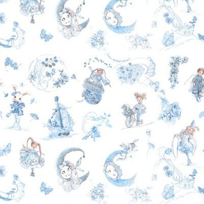 Itty-Bitty Blue Toile hand-drawn fairy tales