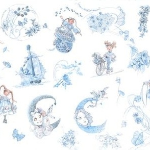 One-Inch Figures on Itty-Bitty Blue Toile Hand-Drawn Fairy Tales