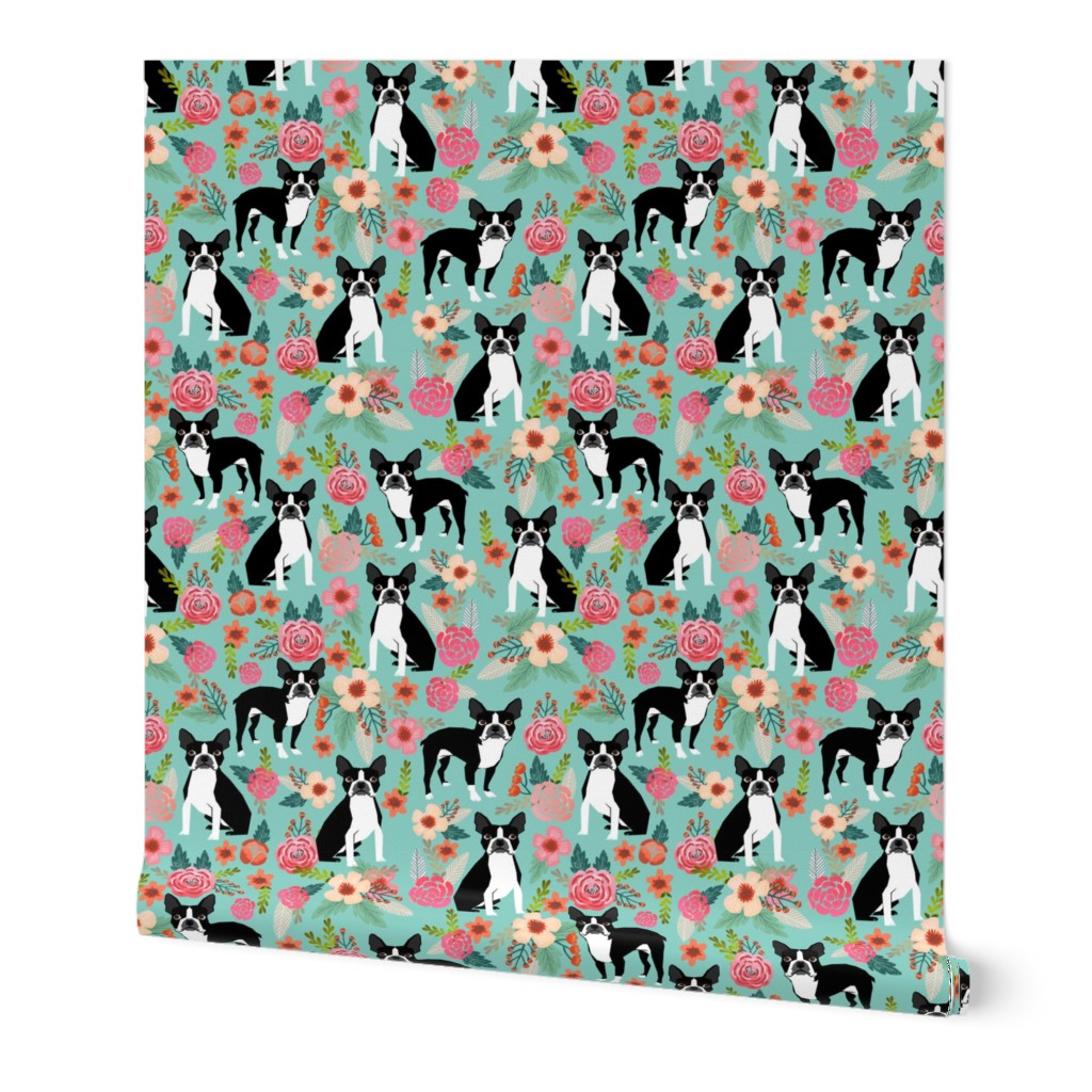 boston terrier fabric sweet vintage florals flowers dog pet design mint girls spring dog