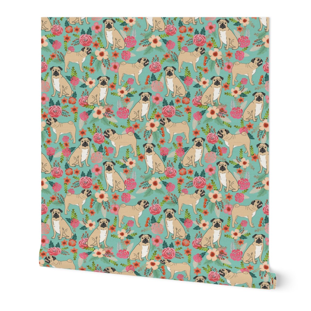 pug pet dog pugs flowers fabric florals cute mint pug flowers