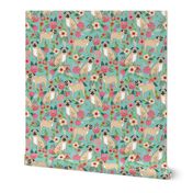 pug pet dog pugs flowers fabric florals cute mint pug flowers