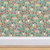 pug pet dog pugs flowers fabric florals cute mint pug flowers