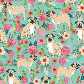 pug pet dog pugs flowers fabric florals cute mint pug flowers