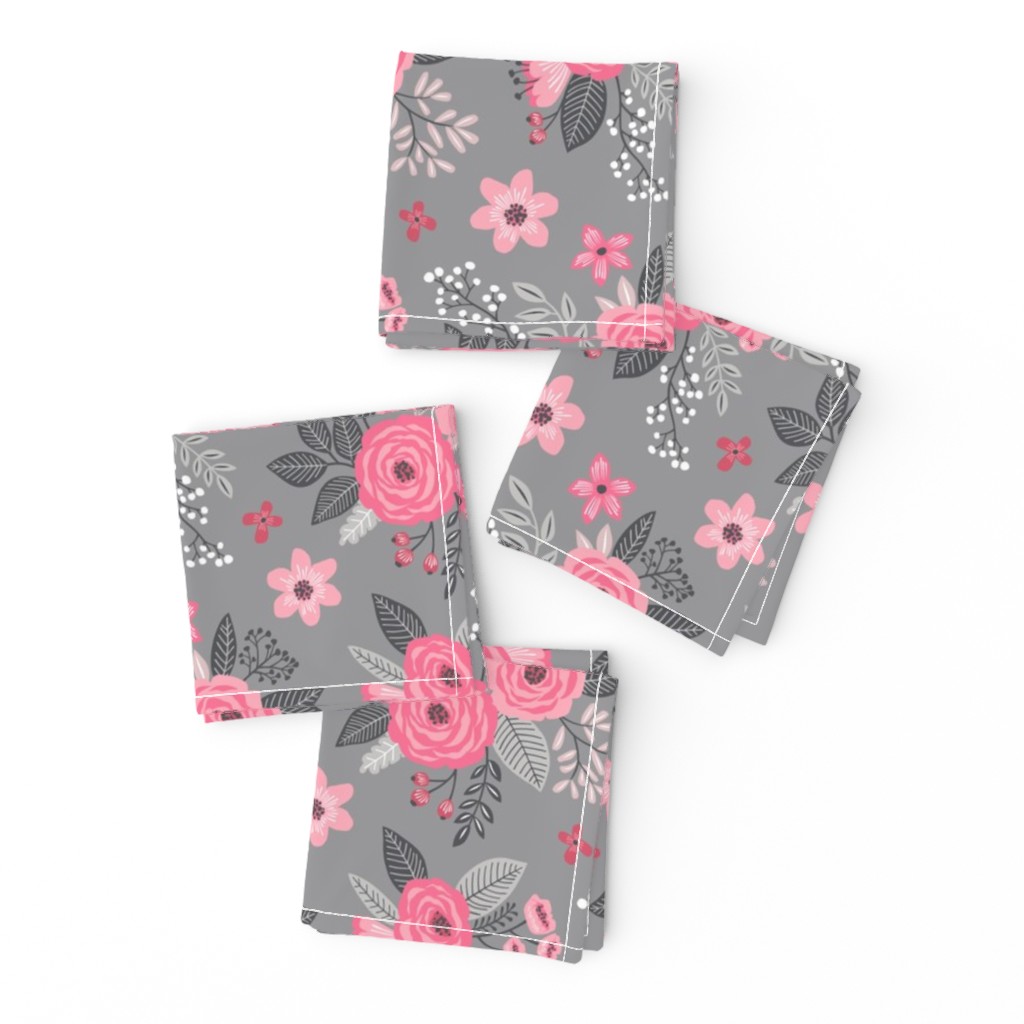 Vintage Antique Floral Flowers Pink on Grey