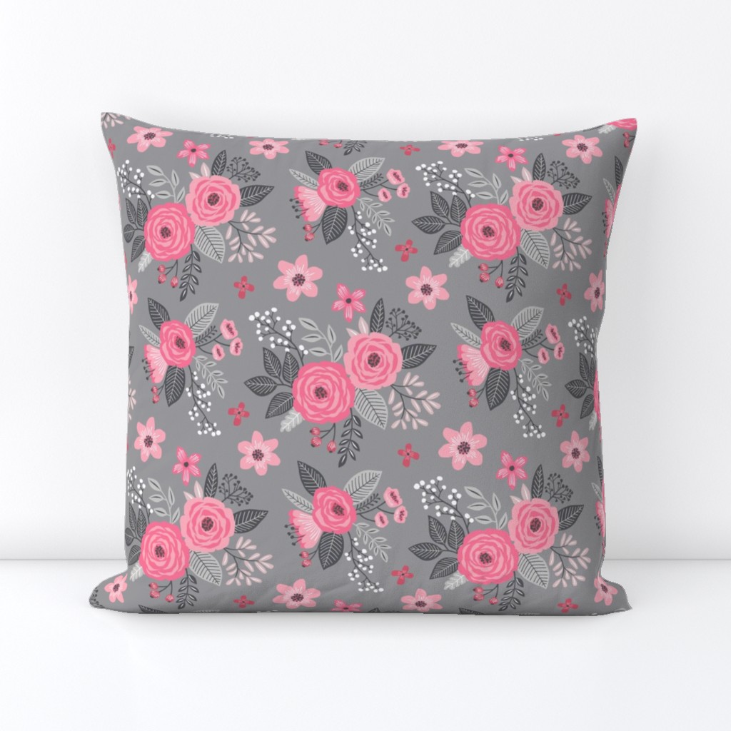 Vintage Antique Floral Flowers Pink on Grey