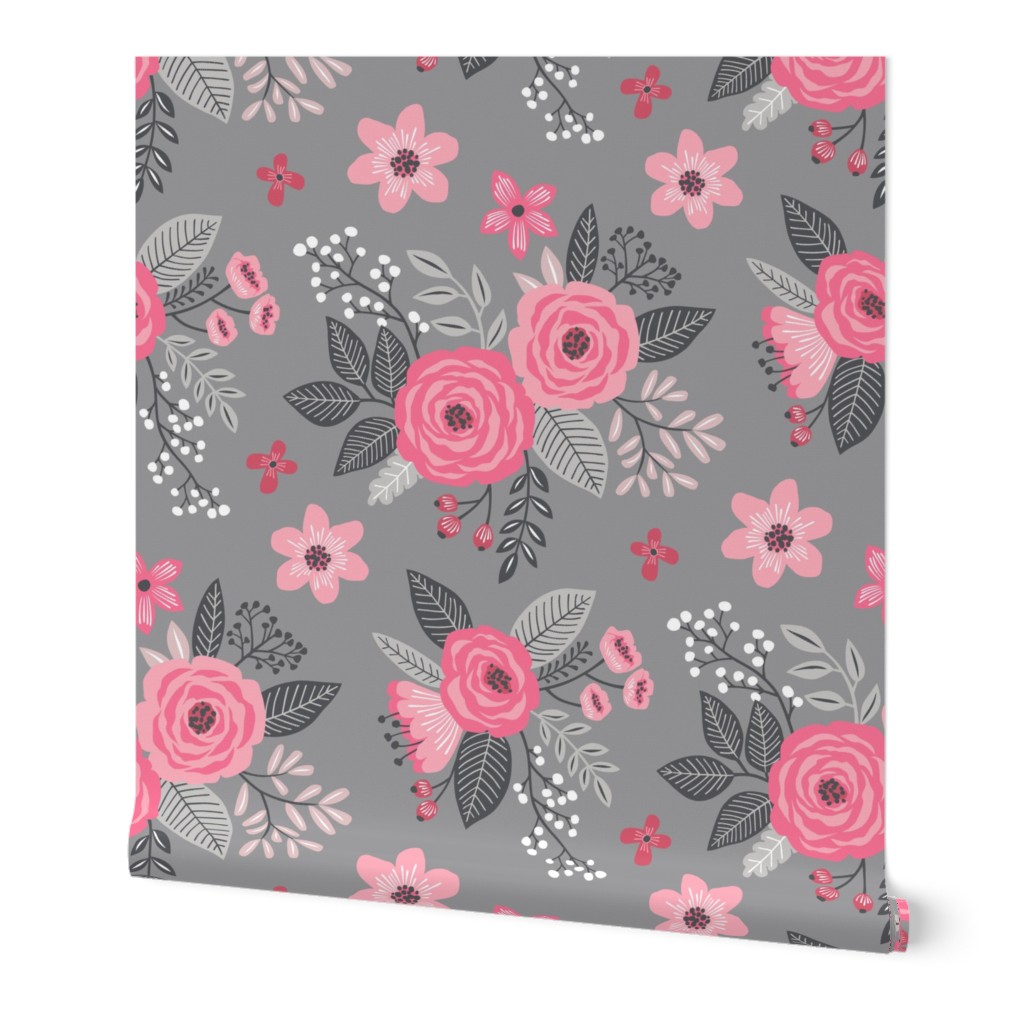 Vintage Antique Floral Flowers Pink on Grey