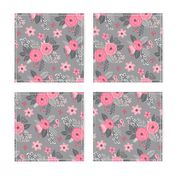 Vintage Antique Floral Flowers Pink on Grey