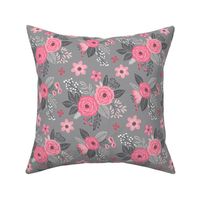 Vintage Antique Floral Flowers Pink on Grey