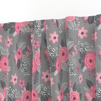 Vintage Antique Floral Flowers Pink on Grey