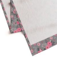 Vintage Antique Floral Flowers Pink on Grey