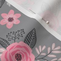 Vintage Antique Floral Flowers Pink on Grey