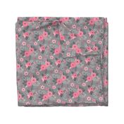 Vintage Antique Floral Flowers Pink on Grey