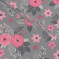 Vintage Antique Floral Flowers Pink on Grey