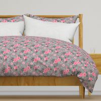 Vintage Antique Floral Flowers Pink on Grey