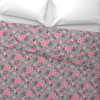 Vintage Antique Floral Flowers Pink on Grey