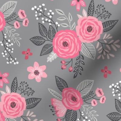 Vintage Antique Floral Flowers Pink on Grey