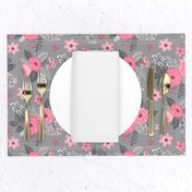 Vintage Antique Floral Flowers Pink on Grey