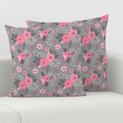 Vintage Antique Floral Flowers Pink on Grey