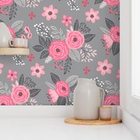 Vintage Antique Floral Flowers Pink on Grey