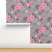 Vintage Antique Floral Flowers Pink on Grey